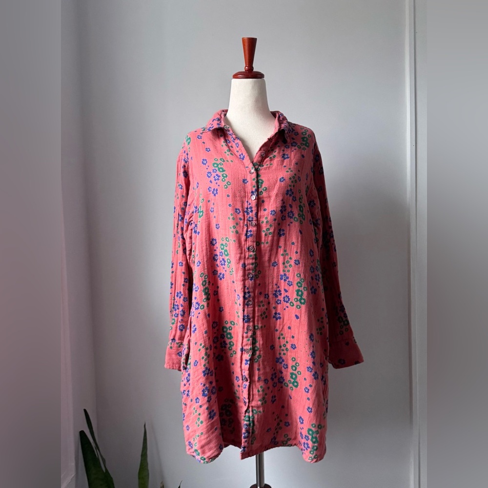 NATURAL LIFE Pink Floral Button-Front Long Sleeve Dress Cotton Oversized Pockets